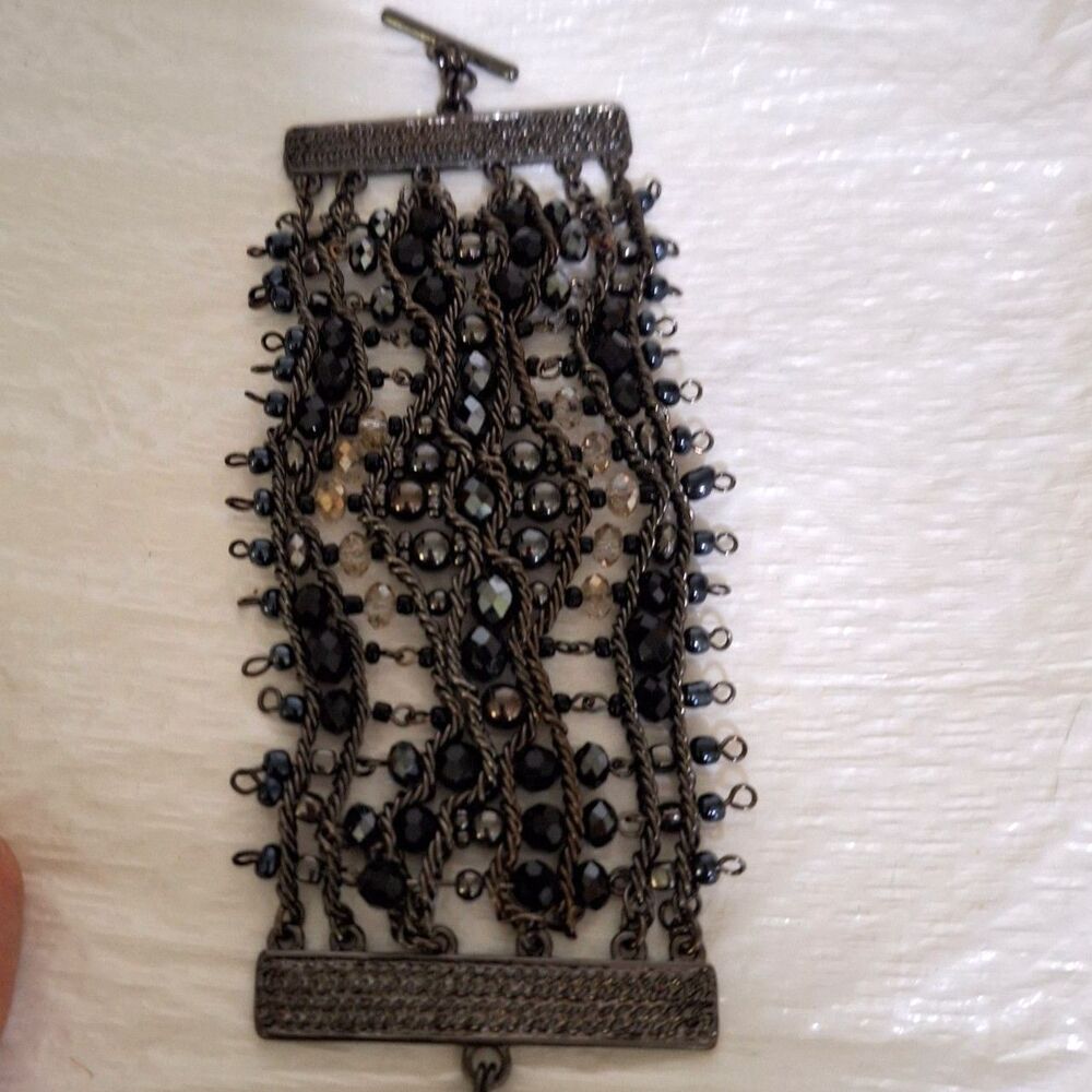 A Gothic Steampunk Cuff Bracelet Gunmetal Beaded Fairy Grunge Vampire As-Is